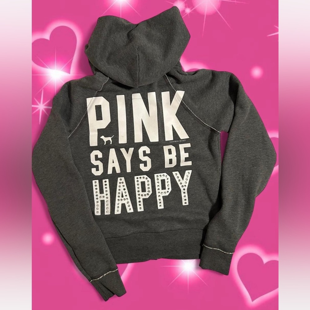 Vintage Y2K Rhinestone Bedazzled Victoria’s Secret PINK grey & White hoodie